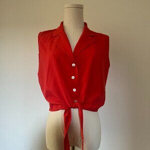 Vintage 1990s Bright Orange Red Button Down Sleeveless Tie Waist Top - Medium